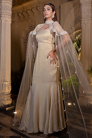 Ivory & Beige Tissue Chiffon Hand Embroidered Gown With Cape by Farha Syed
