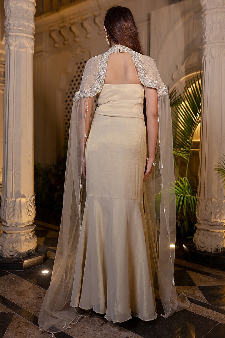 Ivory & Beige Tissue Chiffon Hand Embroidered Party Wear Gown With Cape by Farha Syed at Pernia's Pop Up Shop
