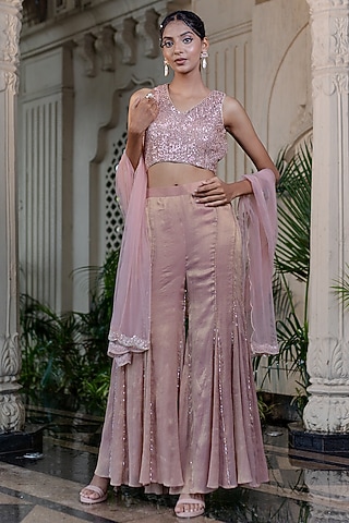 Peachish Pink Tissue Chiffon Sharara Set by Farha Syed