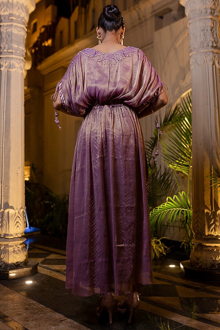 Lavender Tissue Chiffon Hand Embroidered Kaftan Set by Farha Syed at Pernia's Pop Up Shop