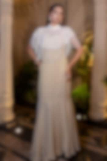 Ivory & Beige Tissue Chiffon Hand Embroidered Fish-Cut Party Wear Gown With Cape by Farha Syed at Pernia's Pop Up Shop