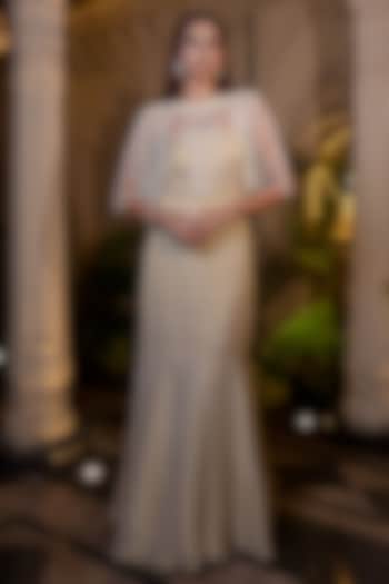 Ivory & Beige Tissue Chiffon Hand Embroidered Fish-Cut Party Wear Gown With Cape by Farha Syed at Pernia's Pop Up Shop