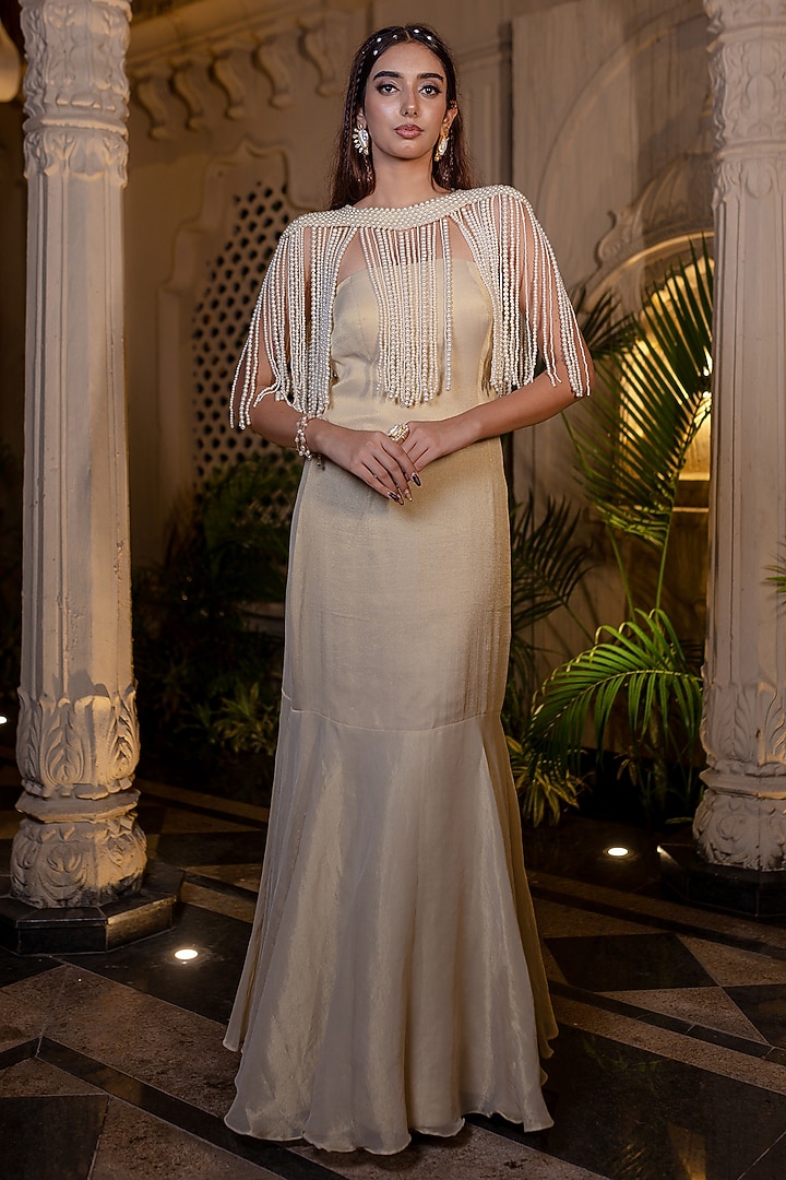 Ivory & Beige Tissue Chiffon Hand Embroidered Fish-Cut Party Wear Gown With Cape by Farha Syed at Pernia's Pop Up Shop