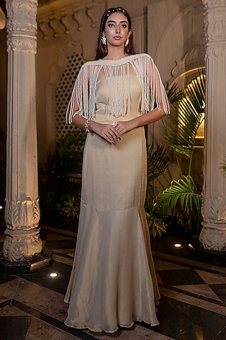 Ivory & Beige Tissue Chiffon Hand Embroidered Fish-Cut Gown With Cape by Farha Syed