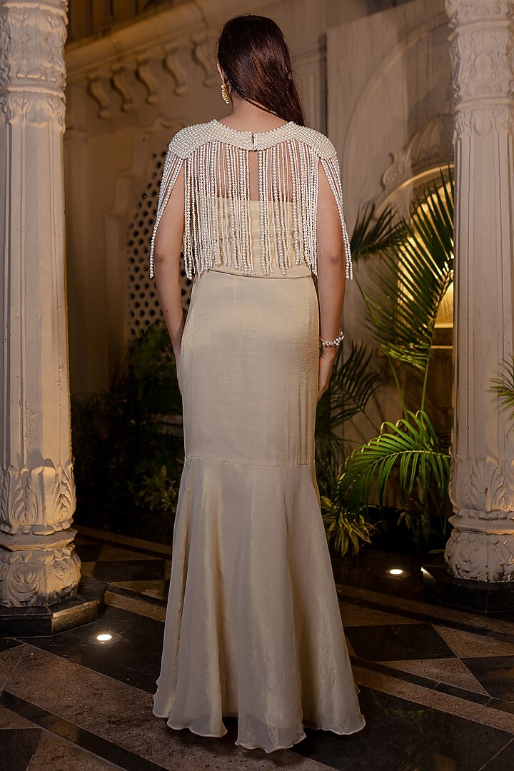 Ivory & Beige Tissue Chiffon Hand Embroidered Fish-Cut Party Wear Gown With Cape by Farha Syed at Pernia's Pop Up Shop