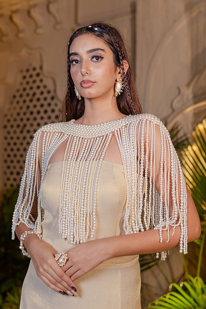 Ivory & Beige Tissue Chiffon Hand Embroidered Fish-Cut Party Wear Gown With Cape by Farha Syed at Pernia's Pop Up Shop