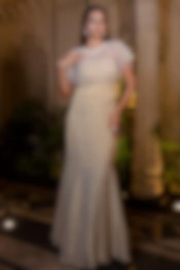 Ivory & Beige Tissue Chiffon Hand Embroidered Fish-Cut Party Wear Gown With Cape by Farha Syed at Pernia's Pop Up Shop