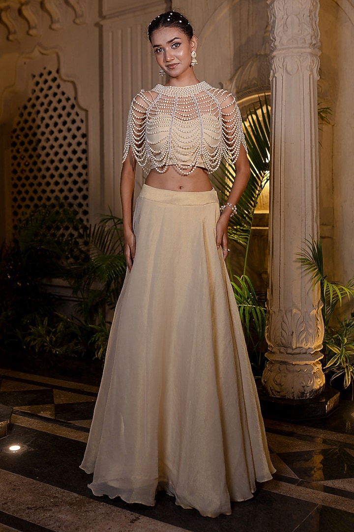 Ivory & Beige Tissue Chiffon Hand Embroidered Cape Set by Farha Syed at Pernia's Pop Up Shop