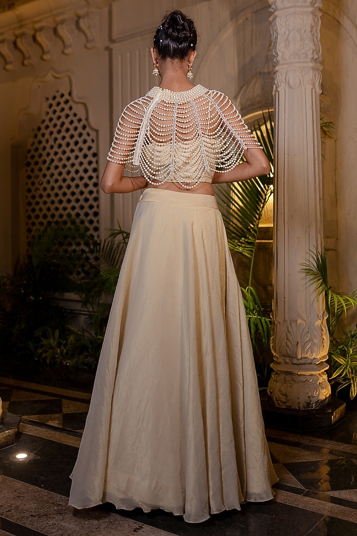 Ivory & Beige Tissue Chiffon Hand Embroidered Cape Set by Farha Syed at Pernia's Pop Up Shop