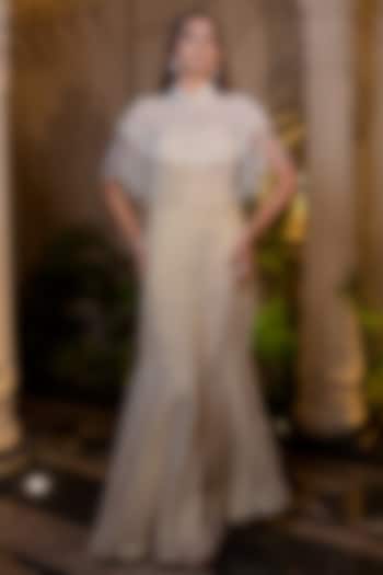 Ivory & Beige Tissue Chiffon Hand Embroidered Fish-Cut Party Wear Gown With Cape by Farha Syed at Pernia's Pop Up Shop