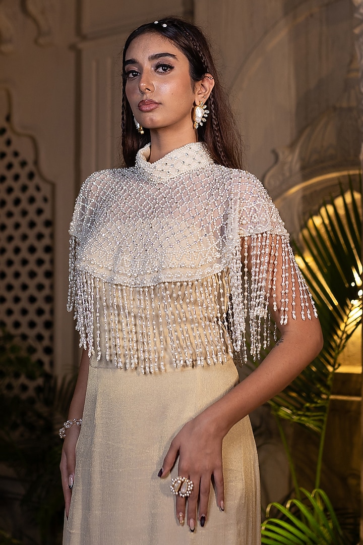 Ivory & Beige Tissue Chiffon Hand Embroidered Fish-Cut Party Wear Gown With Cape by Farha Syed at Pernia's Pop Up Shop