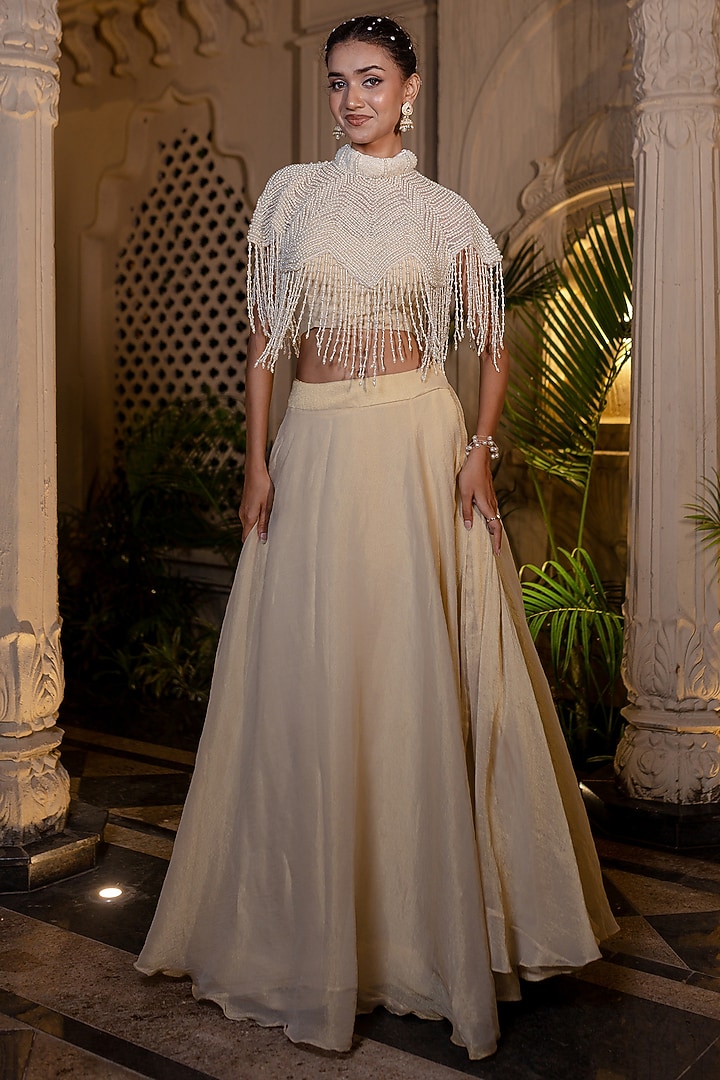 Ivory & Beige Tissue Chiffon Hand Embroidered Cape Set by Farha Syed at Pernia's Pop Up Shop