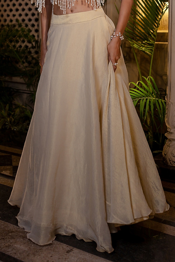 Ivory & Beige Tissue Chiffon Hand Embroidered Cape Set by Farha Syed at Pernia's Pop Up Shop