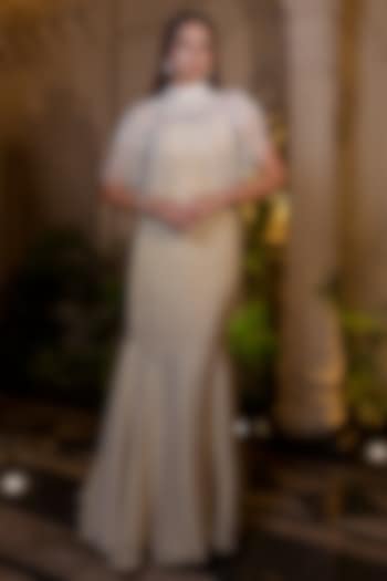 Ivory & Beige Tissue Chiffon Hand Embroidered Fish-Cut Party Wear Gown With Cape by Farha Syed at Pernia's Pop Up Shop