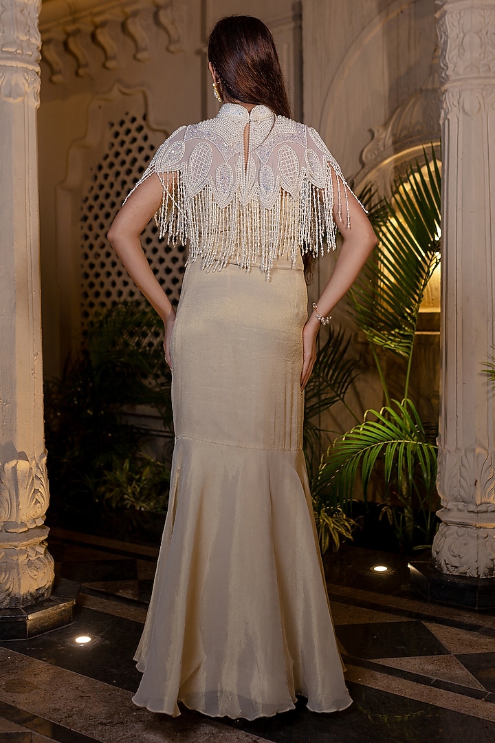 Ivory & Beige Tissue Chiffon Hand Embroidered Fish-Cut Party Wear Gown With Cape by Farha Syed at Pernia's Pop Up Shop