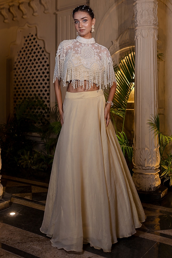 Ivory & Beige Tissue Chiffon Hand Embroidered Cape Set by Farha Syed at Pernia's Pop Up Shop