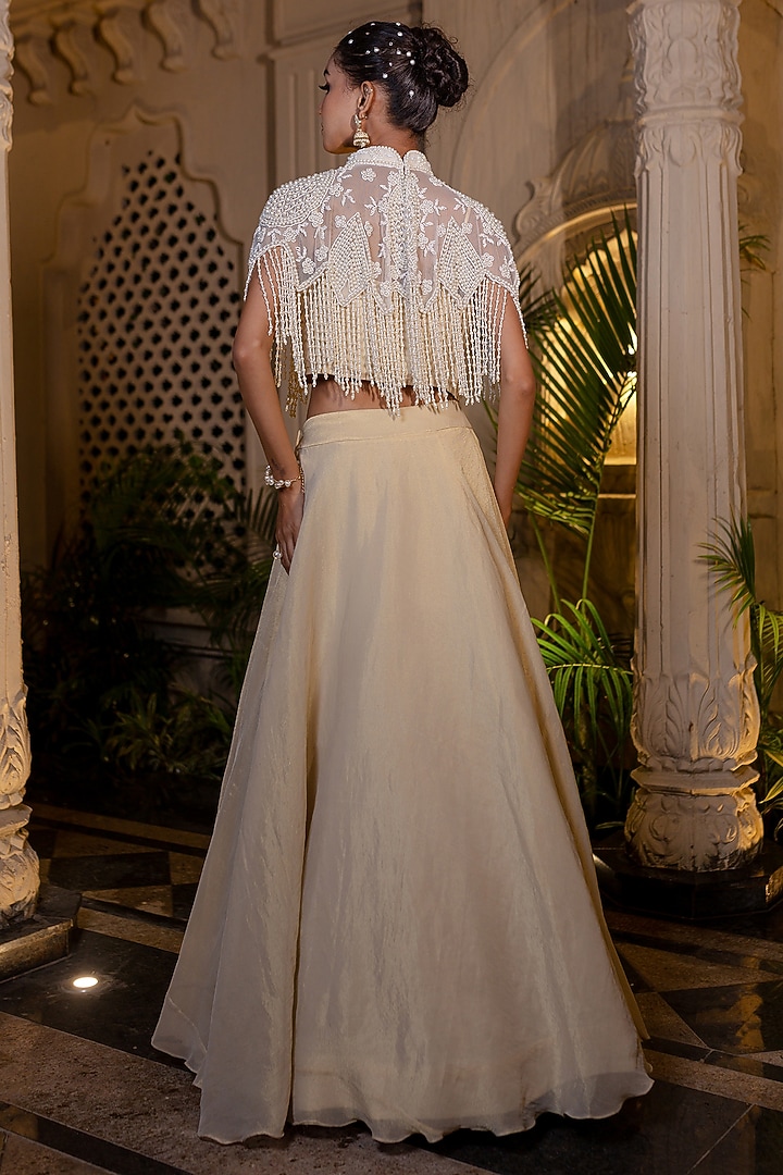 Ivory & Beige Tissue Chiffon Hand Embroidered Cape Set by Farha Syed at Pernia's Pop Up Shop