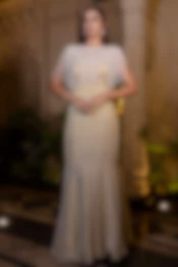 Ivory & Beige Tissue Chiffon Hand Embroidered Fish-Cut Party Wear Gown With Cape by Farha Syed at Pernia's Pop Up Shop