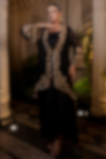 Black Bemberg Satin Hand Embroidered Draped Engagement Gown With Jacket by Farha Syed at Pernia's Pop Up Shop