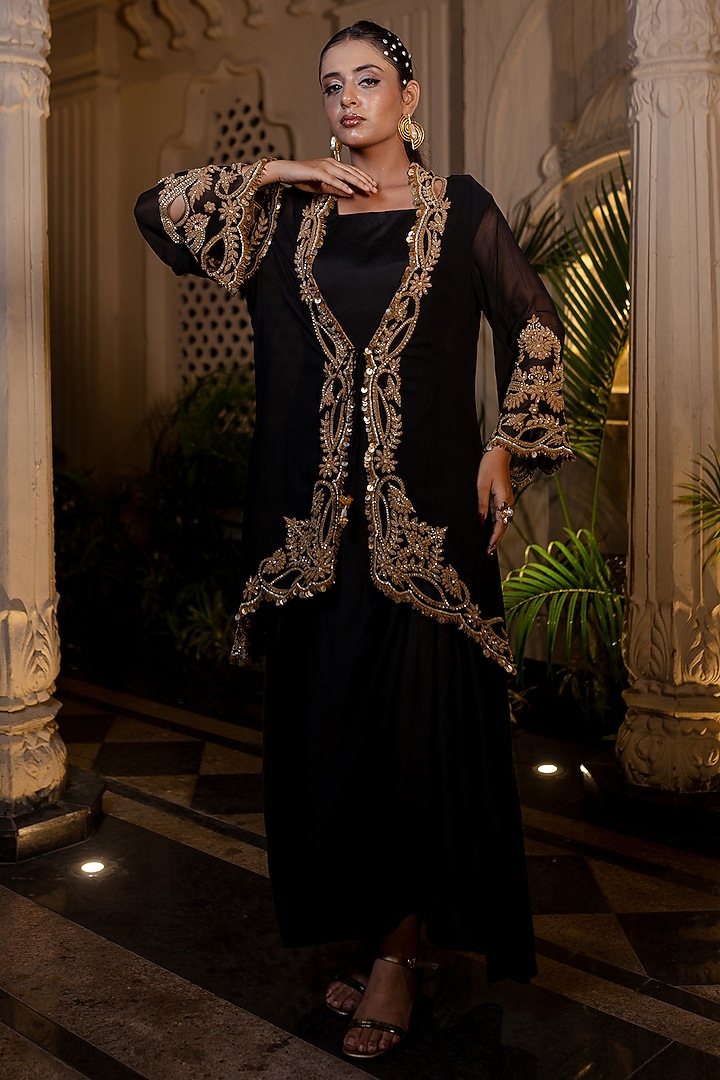 Black Bemberg Satin Hand Embroidered Draped Engagement Gown With Jacket by Farha Syed at Pernia's Pop Up Shop