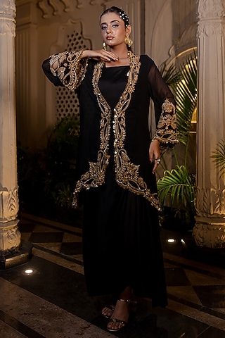 Black Bemberg Satin Hand Embroidered Draped Gown With Jacket by Farha Syed