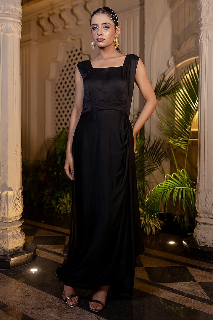 Black Bemberg Satin Hand Embroidered Draped Engagement Gown With Jacket by Farha Syed at Pernia's Pop Up Shop