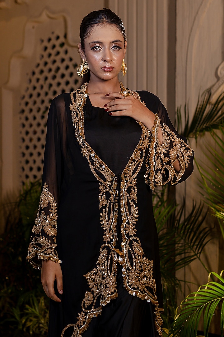 Black Bemberg Satin Hand Embroidered Draped Engagement Gown With Jacket by Farha Syed at Pernia's Pop Up Shop