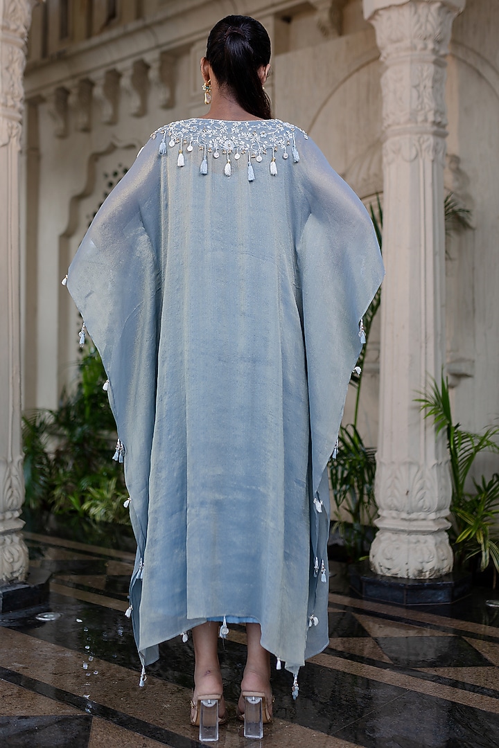 Ice Blue Tissue Chiffon Hand Embroidered Kaftan Dress by Farha Syed at Pernia's Pop Up Shop