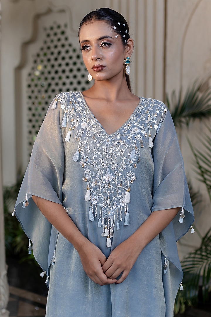 Ice Blue Tissue Chiffon Hand Embroidered Kaftan Dress by Farha Syed at Pernia's Pop Up Shop