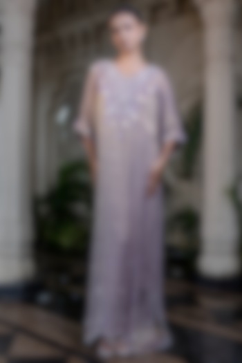 Champagne Gold Tissue Chiffon Hand Embroidered Kaftan Dress by Farha Syed at Pernia's Pop Up Shop