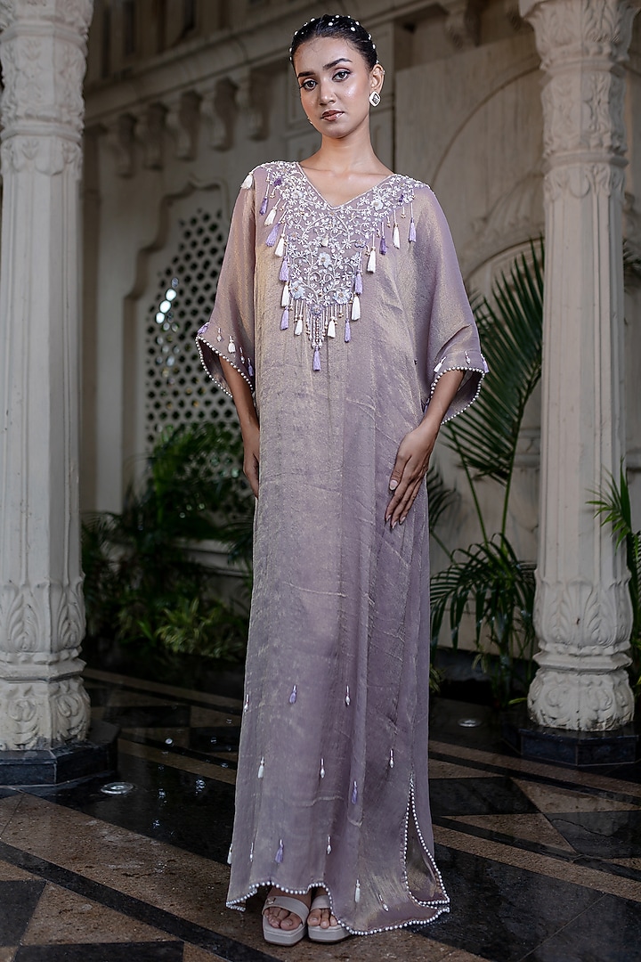 Champagne Gold Tissue Chiffon Hand Embroidered Kaftan Dress by Farha Syed at Pernia's Pop Up Shop