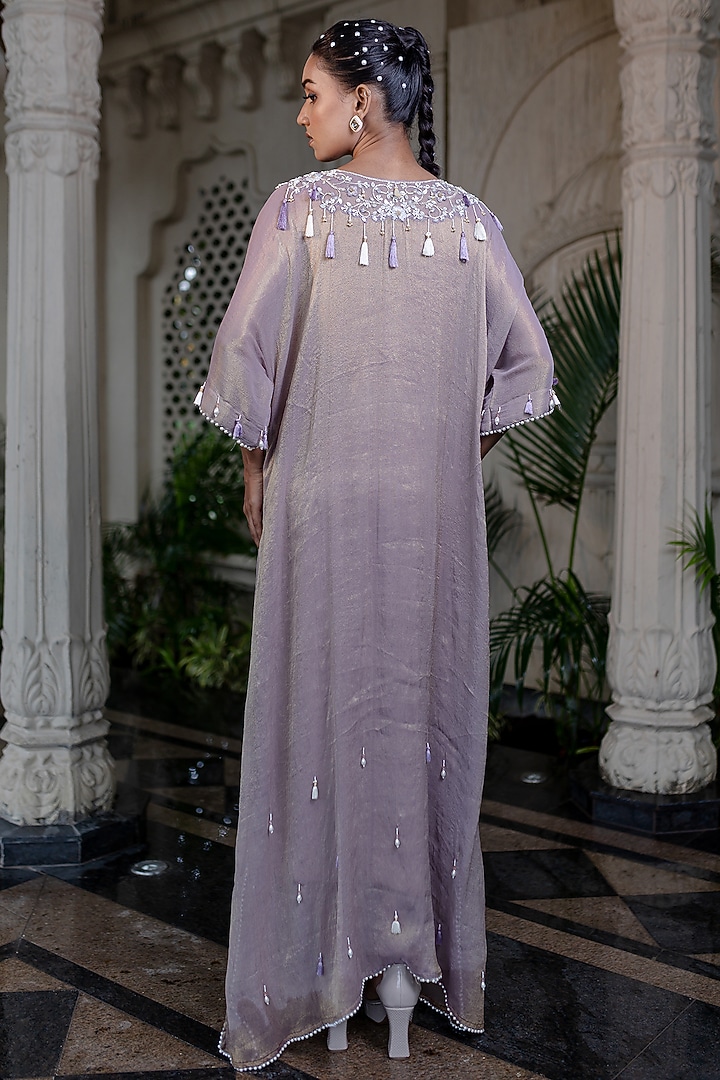 Champagne Gold Tissue Chiffon Hand Embroidered Kaftan Dress by Farha Syed at Pernia's Pop Up Shop