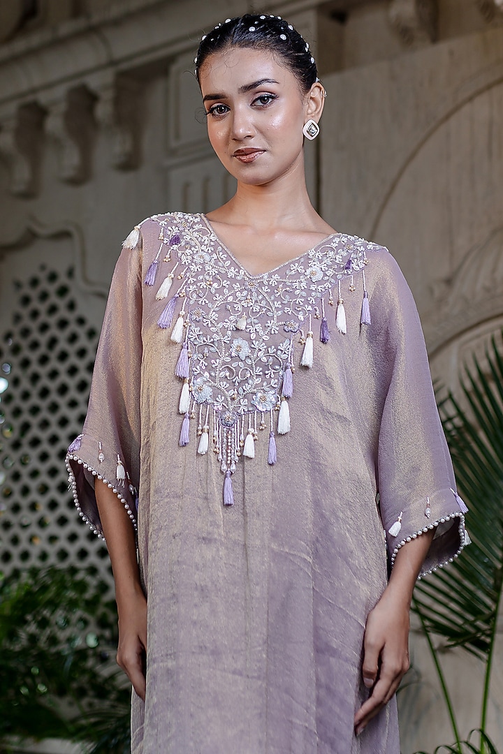 Champagne Gold Tissue Chiffon Hand Embroidered Kaftan Dress by Farha Syed at Pernia's Pop Up Shop