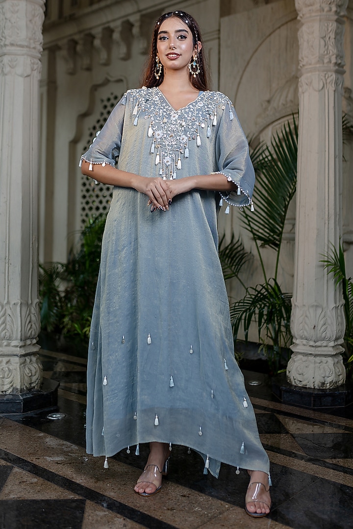 Ice Blue Tissue Chiffon Hand Embroidered Kaftan Dress by Farha Syed at Pernia's Pop Up Shop