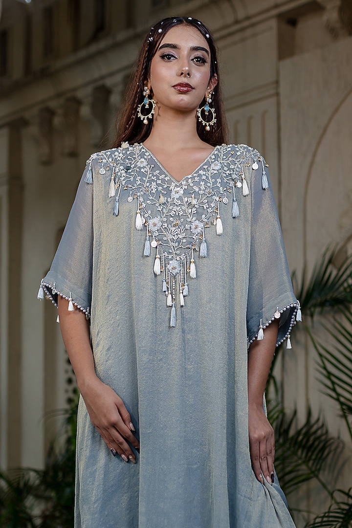 Ice Blue Tissue Chiffon Hand Embroidered Kaftan Dress by Farha Syed at Pernia's Pop Up Shop