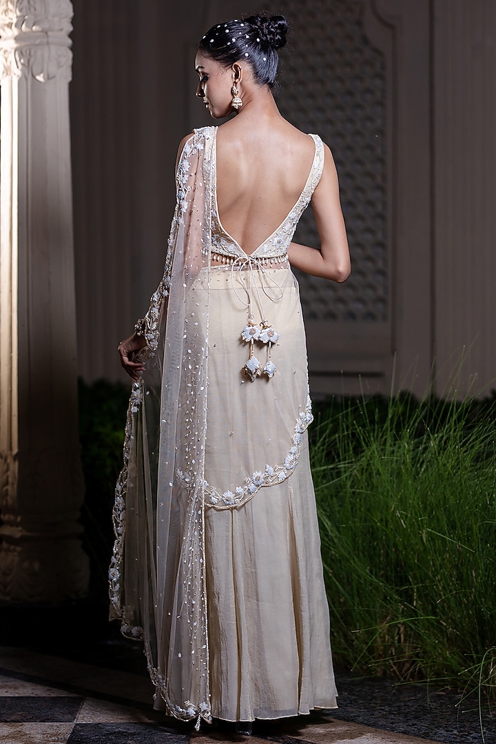 Ivory & Beige Tissue Chiffon Hand Embroidered Draped Wedding Saree Set by Farha Syed at Pernia's Pop Up Shop
