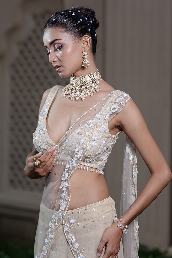 Ivory & Beige Tissue Chiffon Hand Embroidered Draped Wedding Saree Set by Farha Syed at Pernia's Pop Up Shop