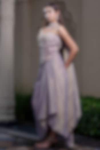 Champagne Gold Tissue Chiffon Draped Skirt Set by Farha Syed at Pernia's Pop Up Shop