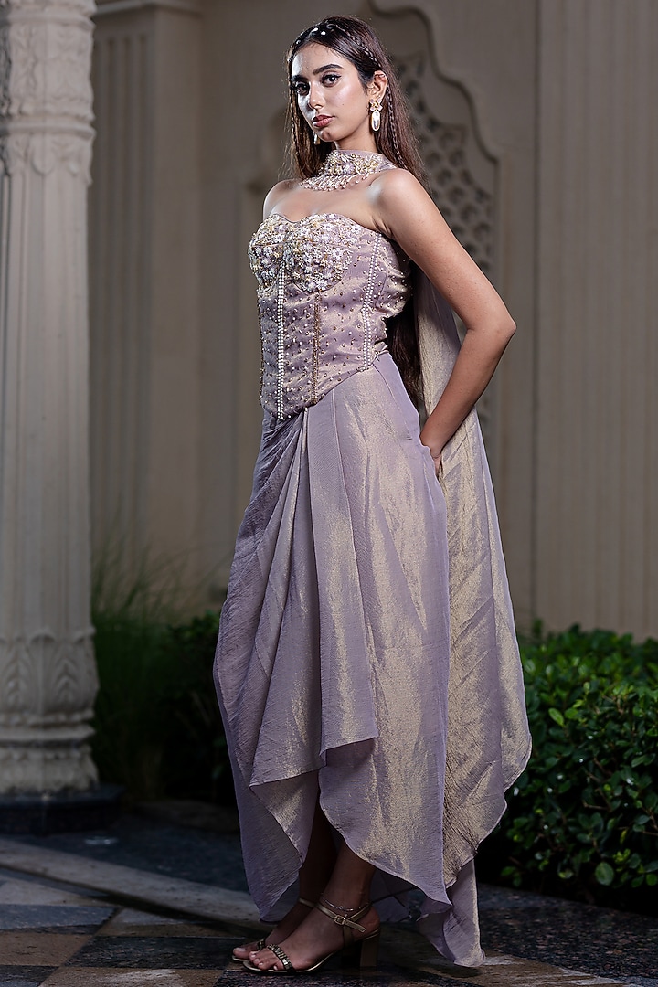 Champagne Gold Tissue Chiffon Draped Skirt Set by Farha Syed at Pernia's Pop Up Shop