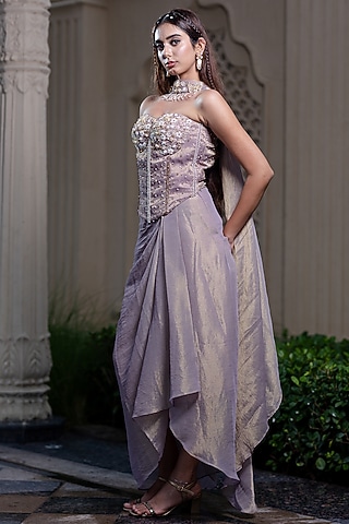 Champagne Gold Tissue Chiffon Draped Skirt Set by Farha Syed