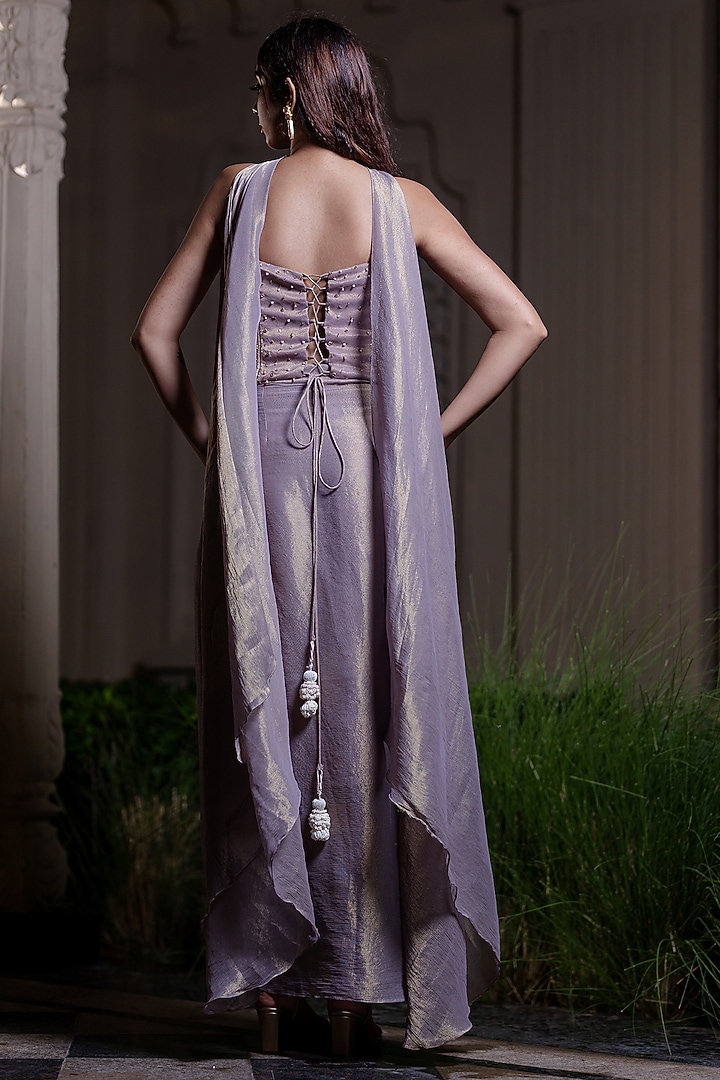 Champagne Gold Tissue Chiffon Draped Skirt Set by Farha Syed at Pernia's Pop Up Shop