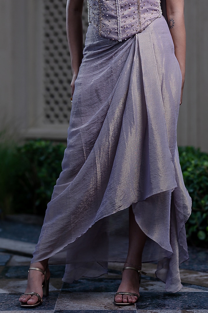Champagne Gold Tissue Chiffon Draped Skirt Set by Farha Syed at Pernia's Pop Up Shop
