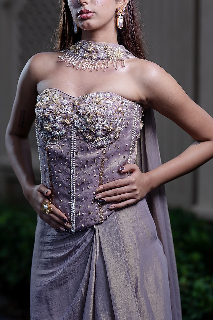 Champagne Gold Tissue Chiffon Draped Skirt Set by Farha Syed at Pernia's Pop Up Shop