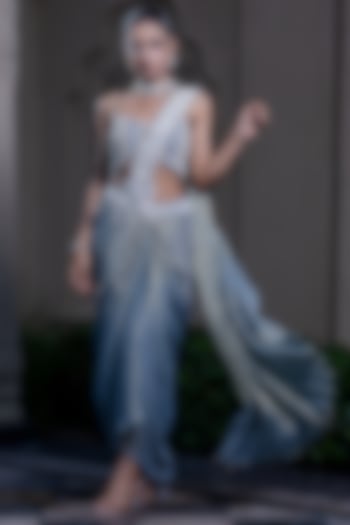 Ice Blue Tissue Chiffon Hand Embroidered Draped Wedding Saree Set by Farha Syed at Pernia's Pop Up Shop