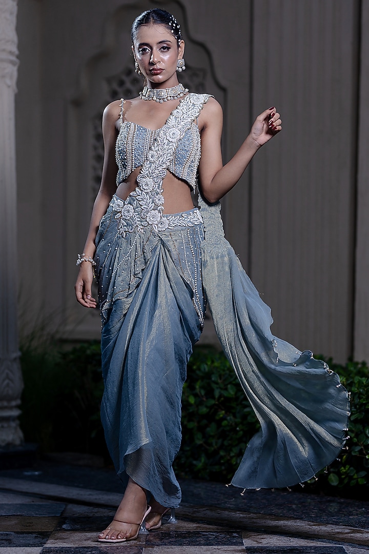 Ice Blue Tissue Chiffon Hand Embroidered Draped Wedding Saree Set by Farha Syed at Pernia's Pop Up Shop
