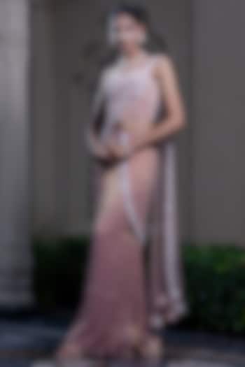 Peachish Pink Tulle & Tissue Chiffon Hand Embroidered Pre-Draped Wedding Saree Set by Farha Syed at Pernia's Pop Up Shop