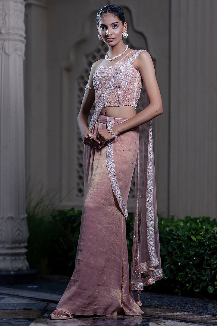 Peachish Pink Tulle & Tissue Chiffon Hand Embroidered Pre-Draped Wedding Saree Set by Farha Syed at Pernia's Pop Up Shop