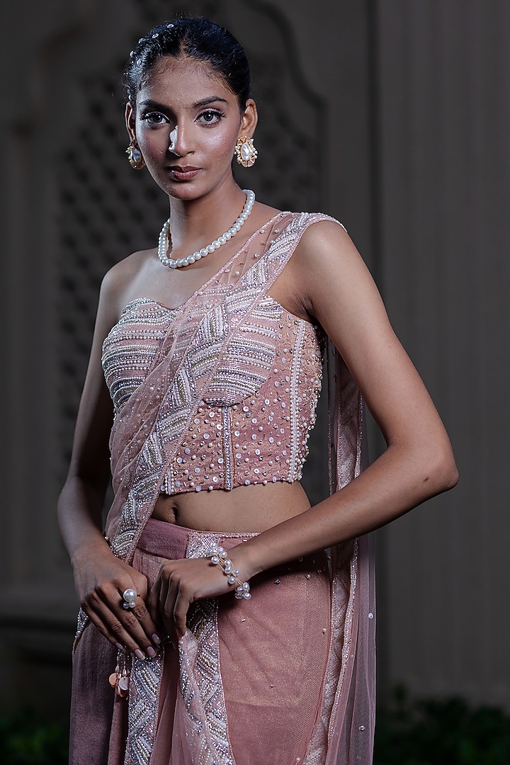 Peachish Pink Tulle & Tissue Chiffon Hand Embroidered Pre-Draped Wedding Saree Set by Farha Syed at Pernia's Pop Up Shop