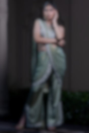 Mint Green Raw Silk Satin Sequin Hand Embroidered Pant Wedding Saree Set by Farha Syed at Pernia's Pop Up Shop