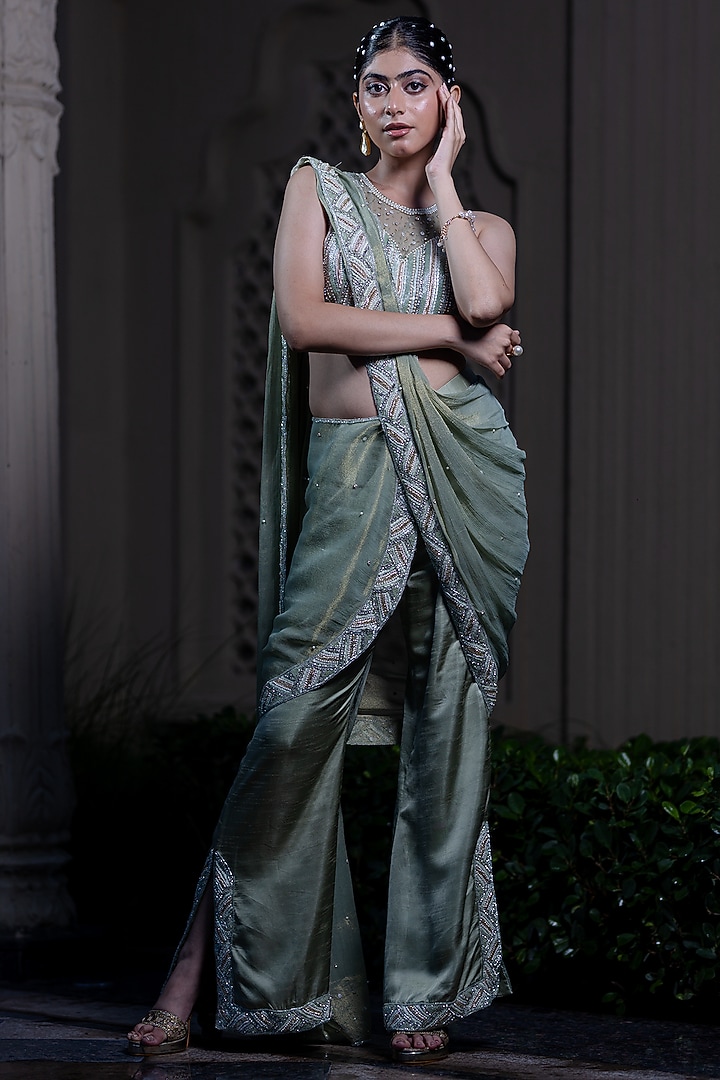 Mint Green Raw Silk Satin Sequin Hand Embroidered Pant Wedding Saree Set by Farha Syed at Pernia's Pop Up Shop